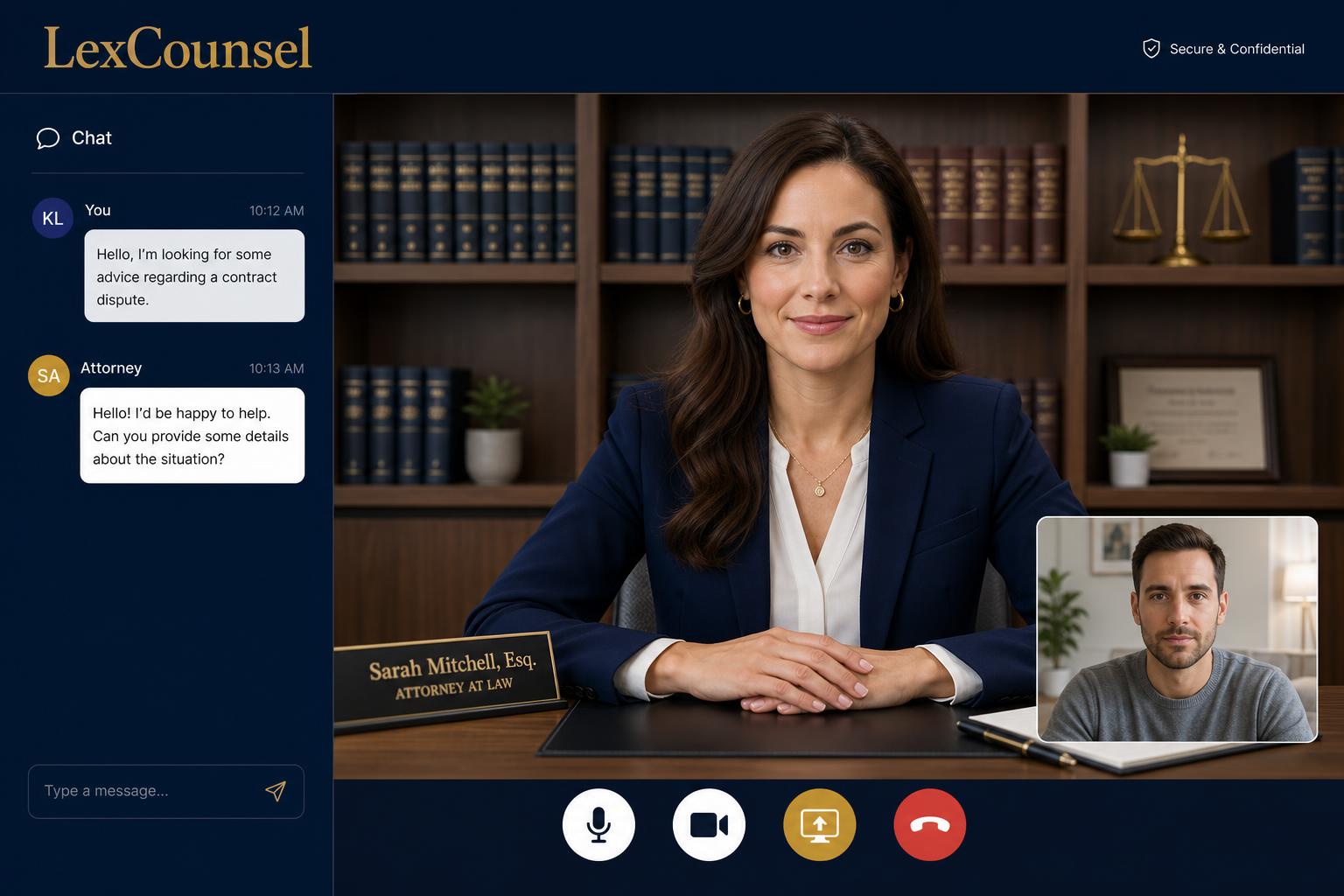 Ask My Lawyer video consultation showing attorney in call with client, chat sidebar, and meeting controls
